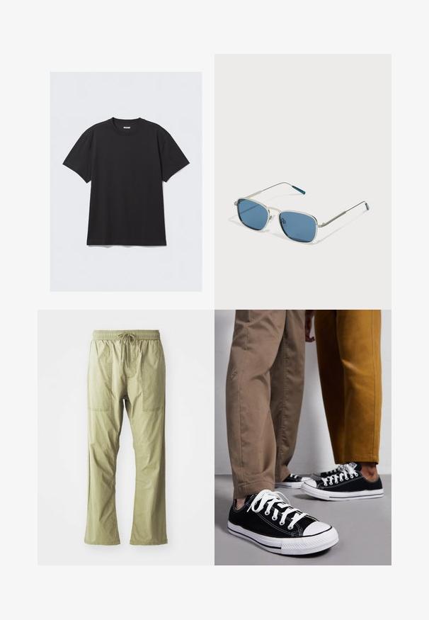 Zwarte korte mouwen T-shirt van katoen. Kenmerkt zich door een ronde halslijn en een ontspannen pasvorm. Eenvoudig ontwerp zonder zichtbare patronen of accenten.; Olijfgroene, lichte cargobroek met een trekkoord in de taille, twee voorkruiken en een relaxed fit. Glad katoenmateriaal, recht gesneden pijpen.; Zwarte canvas sneakers met witte rubberen zolen en veters, gedragen met beige en mosterdkleurige broeken, rustend op een grijze vloer.; Zonnebril met een zilveren metalen frame, rechthoekige blauwe lenzen en dunne veren. Heeft blauwe accenten op de tempeltips.