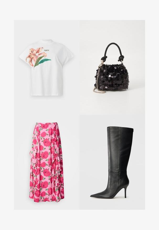 Hvit bomulls T-skjorte med korte ermer, med et rosa blomstermønster og grønne blader på venstre side. "Guess" logo i grått over designet.; Blomstermaksiskjørt i rosa stoff med store, livlige røde roser og grønne blader. Har volanger langs siden for ekstra tekstur.; Sorte lærknæhøje støvler med spids tå og slank stilettohæl, glat tekstur, sideprofil på neutral baggrund.; Svart paljettmini-veske med en knyttet teksturert stropp og sølvkjede. Rund form med samlet topp og reflekterende detaljer.