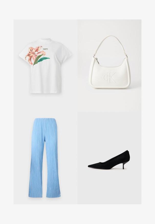 Fehér pamut póló rövid ujjakkal, rózsaszín virágmintával és zöld levelekkel a bal oldalon. A "Guess" logó szürkében a minta felett.; Világoskék, rakott nadrág széles lábakkal, függőleges csíkokkal és rugalmas derékkal a kényelem érdekében. Simább, könnyű anyag.; Fekete velúr magassarkú cipő hegyes orral és vékony, alacsony sarokkal. Simább textúrájú, letisztult dizájn, amelyen nincsenek látható fém alkatrészek.; Fehér bőrtáska ívelt formájú, elöl feltűnő "CK" logóval, egyetlen vállpánttal. Cipzáras zárás a tetején.