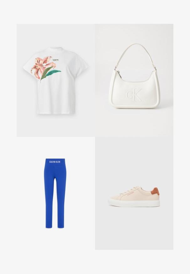T-shirt en coton blanc à manches courtes, avec un motif floral rose et des feuilles vertes sur le côté gauche. Logo "Guess" en gris au-dessus du motif.; Leggings bleus en tissu lisse et extensible avec une taille haute, comportant un logo "CALVIN KLEIN" blanc en haut.; Baskets rose pâle avec une tige en cuir lisse, semelle en caoutchouc blanche et accent en suède marron au talon ; logo Calvin Klein en rouge.; Sac à main en cuir blanc avec une forme courbée, arborant un logo "CK" embossé à l'avant et une seule bandoulière. Fermeture à glissière en haut.