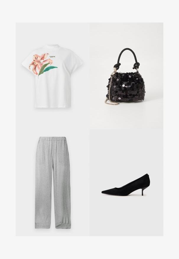 Camiseta de algodón blanca de manga corta, con un diseño floral rosa y hojas verdes en el lado izquierdo. Logotipo "Guess" en gris encima del diseño.; Pantalones de cintura elástica en gris claro con un sutil patrón floral blanco por todo, corte recto y holgado, con bajos puños.; Zapato de tacón alto de ante negro con punta afilada y un tacón delgado y bajo. Textura suave con un diseño elegante, sin hardware visible.; Bolso de mano mini negro con lentejuelas, con una correa de textura anudada y cadena plateada. Forma redondeada con parte superior fruncida y detalles reflectantes.