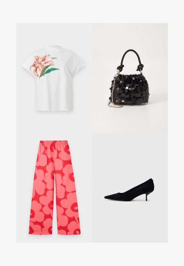 Hvit bomulls T-skjorte med korte ermer, med et rosa blomstermønster og grønne blader på venstre side. "Guess" logo i grått over designet.; Marimekko VOIMAKUKKA UNIKKO - Bukse - red/pink; Sorte semskede høyhælte sko med spiss tå og slank, lav hæl. Glatt tekstur med et elegant design, uten synlig maskinvare.; Svart paljettmini-veske med en knyttet teksturert stropp og sølvkjede. Rund form med samlet topp og reflekterende detaljer.