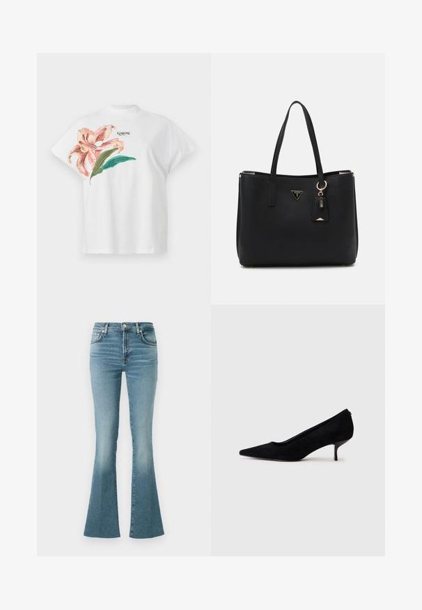 Bela bombažna T-maica s kratkimi rokavi, ki prikazuje rožnat cvetlični vzorec in zelene liste na levi strani. Logo "Guess" v sivi barvi nad vzorcem.; Svijetloplave traperice s lepezastim krojem i visokim strukom, koje imaju prednje džepove i klasičan dizajn s pet džepova, glatku teksturu i izblijedjeli finiš.; Črne semiš visoke pete z običajem in tankim, nizkim petom. Gladka tekstura s elegantnim dizajnom, brez vidnih kovinskih delov.; Črna torba iz teksturiranega sintetičnega materiala, opremljena z dvema ročajoma, z zlatim logotipom in majhno oznako z detajlom v kontrastni barvi.