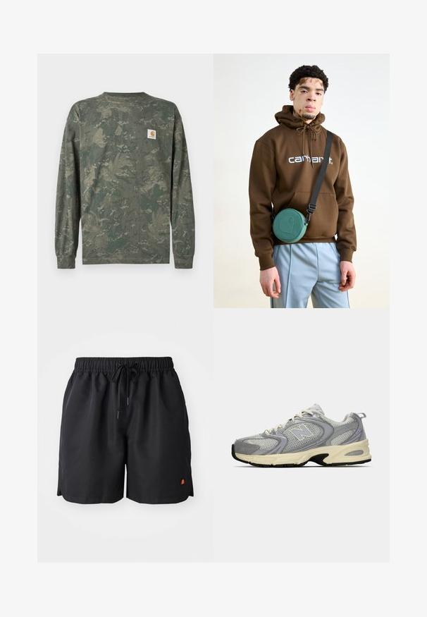 Zaļā un brūnā toņos kamuflāžas krekls ar garām piedurknēm un nelielu kvadrātveida Carhartt logotipa uzlīmi kreisajā krūtīs.; Melni šorti, kas izgatavoti no viegla materiāla, ar elastīgu jostu, šņorēšanu un nelielu oranžu un sarkanu logotipu apakšējā kreisajā stūrī.; Pelēka sieta sporta apavi ar krēmu zoli, kas aprīkoti ar mīkstu apakšmalu, baltām auklām un smalku logo uz sāniem. Akcentēti ar gaiši purpursarkanu.; Brogas ar kapuci brūnā krāsā ar baltu logo, saskaņotas ar gaiši ziliem biksēm. Apaļa zaļa soma karājas no melnas siksnas pāri ķermenim.
