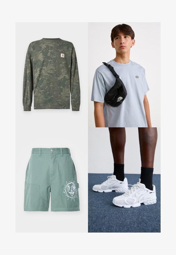 Cămașă cu mâneci lungi în tonuri de verde și maro cu un mic patch pătrat cu logo-ul Carhartt pe pieptul stâng.; Pantaloni scurți verzi din bumbac, cu o croială lejeră, având două buzunare frontale și un grafic alb al soarelui pe piciorul din dreapta. Hașură simplă, fără modele.; Încălțări atletice albe cu plasă superioară, accente texturate și talpă ampatată. Asortate cu șosete negre cu dungi pe o suprafață de covor albastru.; Geantă de umăr din nailon negru, cu bretea ajustabilă, având un logo alb proeminent. Purtați peste un tricou bleu deschis. Design simplu și funcțional.