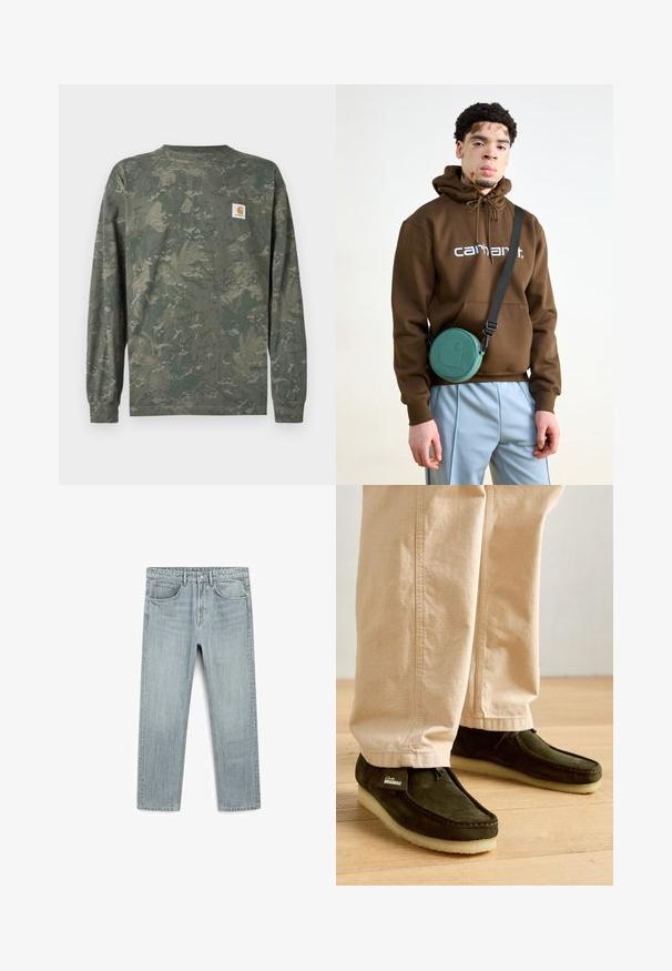 Langärmeliges Tarnhemd in Grün- und Brauntönen mit einem kleinen quadratischen Carhartt-Logo-Patch auf der linken Brust.; Helle blaue Jeans aus Denim mit geradem Schnitt, fünf Taschen und sichtbarem Knopf- und Reißverschluss. Glatte Textur mit leichtem Verblassen.; Grüne Wildleder-Mokassins mit einer Schnürung und einer cremefarbenen, strukturierten Gummisohle, kombiniert mit hellbeigen Hosen.; Brauner Kapuzensweatshirt mit weißem Logo, kombiniert mit hellblauen Hosen. Eine runde grüne Tasche hängt an einem schwarzen Gurt quer über den Körper.