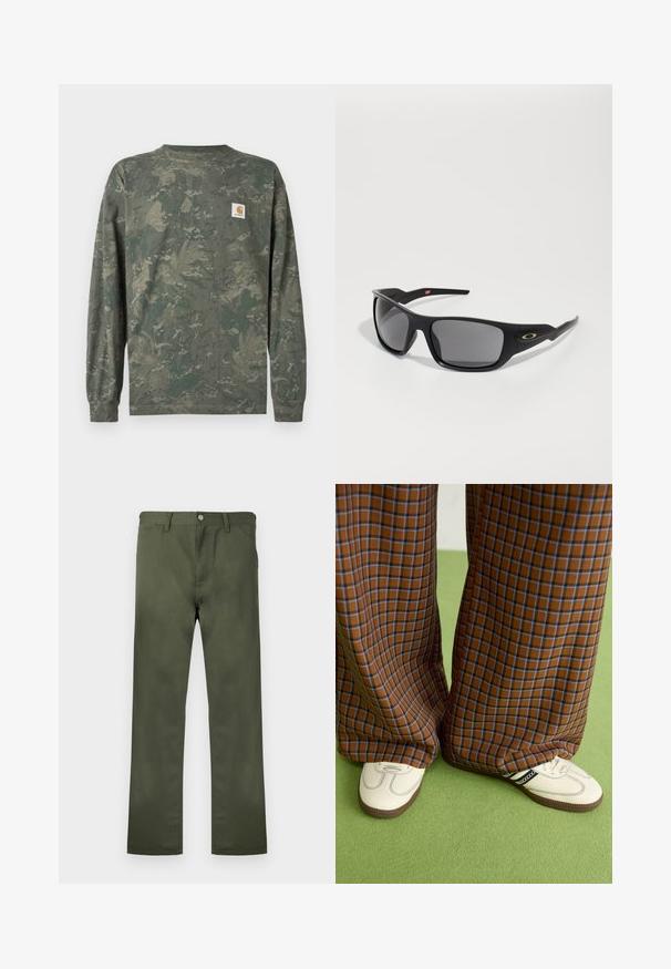 Camisola de manga comprida camuflada em tons de verde e castanho, com um pequeno emblema quadrado com o logo da Carhartt no peito esquerdo.; Calças verde-oliva feitas de tecido resistente, com design de perna reta, bolsos frontais e fecho de botão. Textura suave.; Calças largas em padrão xadrez castanho e azul, combinadas com sapatos brancos com detalhes pretos e solas texturizadas, contra um fundo verde.; Óculos de sol pretos com forma retangular, feitos de plástico durável, com lentes cinzas e um detalhe dourado na lateral.