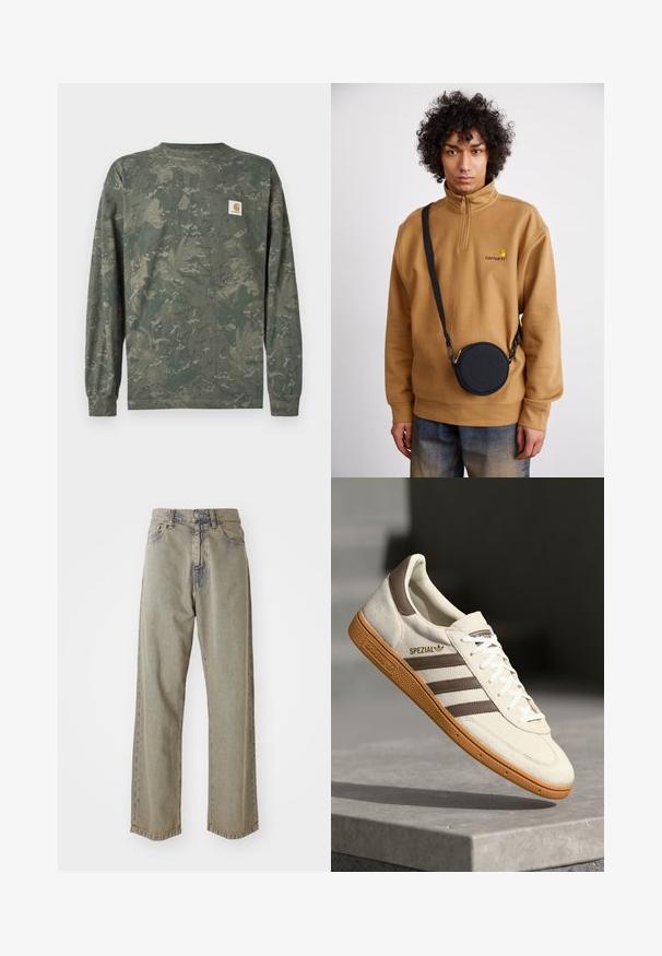 Camisola de manga comprida camuflada em tons de verde e castanho, com um pequeno emblema quadrado com o logo da Carhartt no peito esquerdo.; Jeans de perna larga cinza claro feitos de denim, apresentando uma textura desgastada, costuras visíveis e fecho tradicional com botão e zíper.; Sapatilhas brancas em camurça com detalhes em pele castanha, três riscas castanhas e atacadores brancos. Apresenta uma sola de borracha texturizada e um logo dourado "SPEZIAL".; Sweatshirt de felpa castanho com zíper de um quarto e logótipo bordado, acompanhado de uma mala crossbody preta com fecho e detalhe do logótipo, vestida sobre uns jeans.