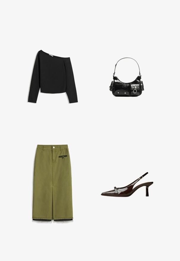 Haut noir à manches longues dénudées, fabriqué en tissu doux. Présente un design court avec un décolleté large et des manches ajustées.; Jupe vert olive, longueur genou, avec une fente avant, une poche zippée et un ourlet effiloché. Fabriquée en tissu durable au toucher lisse.; Chaussure slingback en cuir verni marron avec un bout pointu, un petit talon et un accent de nœud décoratif à l'avant. Texture lisse et brillante.; Sac à main en cuir verni noir avec une forme incurvée, une bandoulière, des poches avant et des accents en métal argenté.