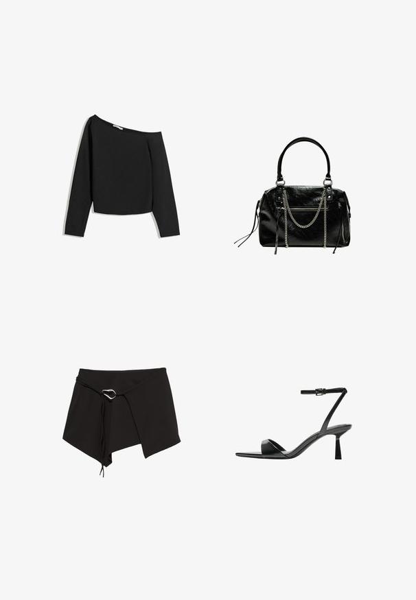 Top negru, cu umerii goi, cu mâneci lungi, fabricat dintr-un material moale. Prezintă un design scurt cu un gât larg și mâneci ajustate.; Fustă neagră, dintr-un material moale, cu o croială diagonală, un șnur ajustabil cu un accent din metal de culoare argintie și un tiv asimetric.; Bershka Sandale cu toc - black; Bershka WITH CHAIN - Geantă de mână - black