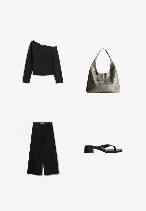 Top negru, cu umerii goi, cu mâneci lungi, fabricat dintr-un material moale. Prezintă un design scurt cu un gât larg și mâneci ajustate.; Bershka WIDE-LEG - Wide leg - black; Sandalele cu toc din piele neagră prezintă un design cu bretele între degete, vârf pătrat și un toc mic, rectangular. Textură netedă cu un stil minimalist.; Geantă din piele de culoare verde măslin, cu un design relaxat, având decupaje circulare de diverse dimensiuni și accente în nuanțe mai închise și mai clare.