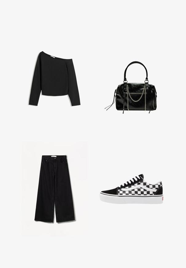 Czarna bluzka bez ramiączek z długim rękawem, wykonana z miękkiego materiału. Posiada krótki krój z szerokim dekoltem i dopasowanymi rękawami.; Bershka WIDE czarny; Czarno-biała sneakersy w kratę z płótna, z akcentami z czarnego zamszu, białymi sznurowadłami i gumową podeszwą. Logo z boku ma kontrastowy design.; Bershka - Torebka