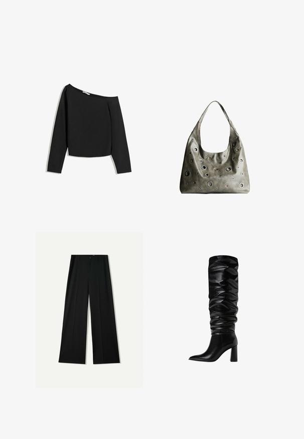 Čierny top s dlhým rukávom a odhalenými ramenami, vyrobený z mäkkej tkaniny. Má skrátený strih s širokým výstrihom a priliehavými rukávmi.; Bershka WIDE - Nohavice - black; Čierne kožené čižmy s výškou po kolená, s ležérnym dizajnom, špicatou špičkou a masívnym blokovým podpätkom, s hladkým a lesklým povrchom.; Olive zelená kožená kabelka so spadnutým dizajnom, obsahujúca rôzne veľkosti kruhových výrezov a akcenty v tmavších a svetlejších odtieňoch.