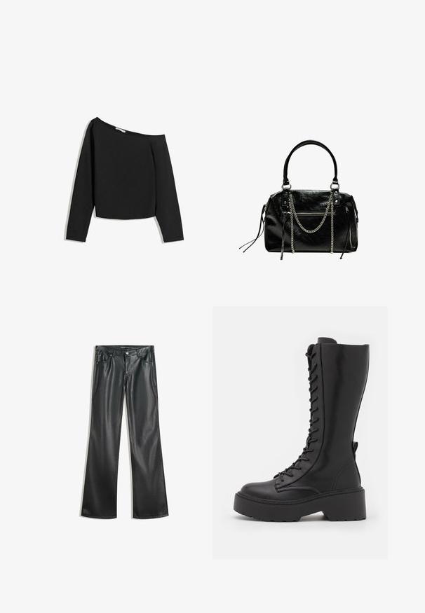 Sort off-the-shoulder langærmet top, fremstillet af blødt stof. Har et cropped design med vid halsudskæring og tætsiddende ærmer.; Sorte faux læder flare bukser med en glat tekstur, fem-lomme design, lynlås foran og kontrasterende syninger.; Sorte knæhøje snørestøvler med en chunky platformsål, glat læderfinish og forstærket syning langs sømmene.; Bershka WITH CHAIN - Håndtasker - black