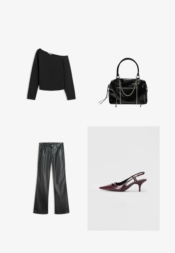 Black off-the-shoulder long-sleeve top, made from soft fabric. Features a cropped design with a wide neck and fitted sleeves.; Black faux leather flared pants with a smooth texture, five-pocket design, front zipper, and contrasting stitching.; Burgundy slingback heels with a pointed toe, glossy leather finish, small cut-out at the front, and a slim stiletto heel with gold accents.; Bershka WITH CHAIN - Handbag - black