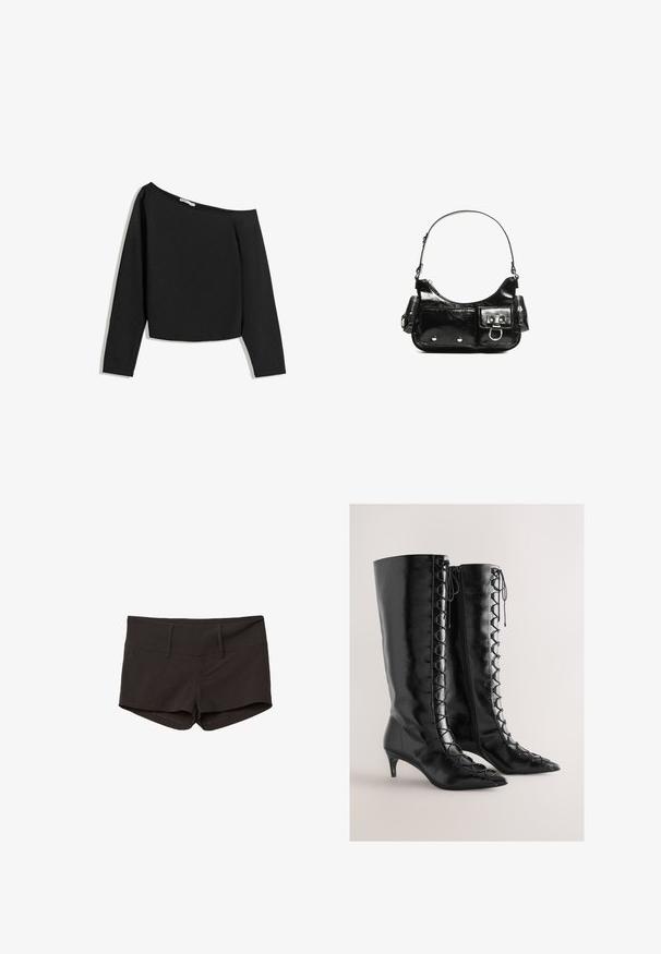 Top lungo nero con spalle scoperte, realizzato in tessuto morbido. Presenta un design corto con scollo ampio e maniche aderenti.; Pantaloni corti neri in cotone con un design aderente, caratterizzati da una texture liscia e due tasche frontali. Vita a media altezza e senza motivi visibili.; Stivali neri in pelle alti fino al ginocchio con punte appuntite, caratterizzati da un dettaglio stringato sul lato e un piccolo tacco a rocchetto.; Borsa a spalla in vernice nera con forma curvata, una tracolla, tasche frontali e dettagli in metallo argentato.