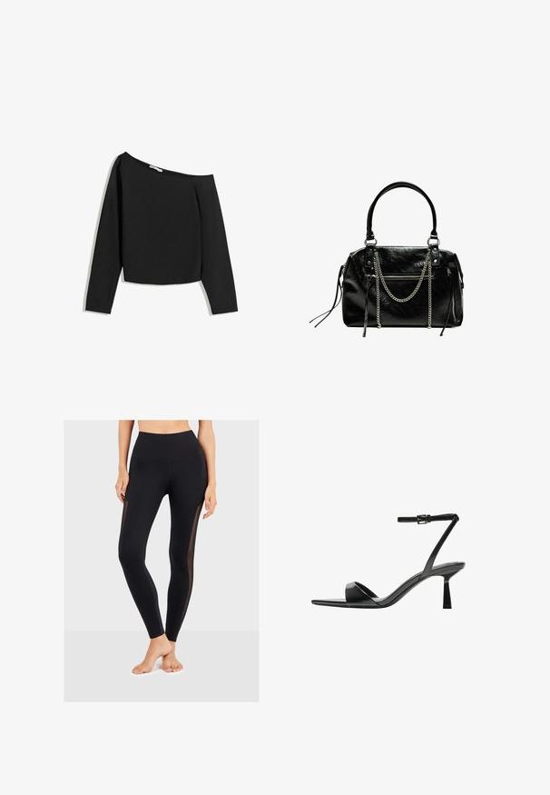 Schwarzes, schulterfreies Langarmoberteil aus weichem Stoff. Verfügt über ein kurzes Design mit einem weiten Ausschnitt und figurschmeichelnden Ärmeln.; Schwarze Leggings mit einem hohen Bund, versehen mit durchsichtigen Mesh-Seitenteilen. Hergestellt aus einem dehnbaren Material, das für Komfort und Flexibilität sorgt.; Bershka High Heel Sandalette - black; Bershka WITH CHAIN - Handtasche - black