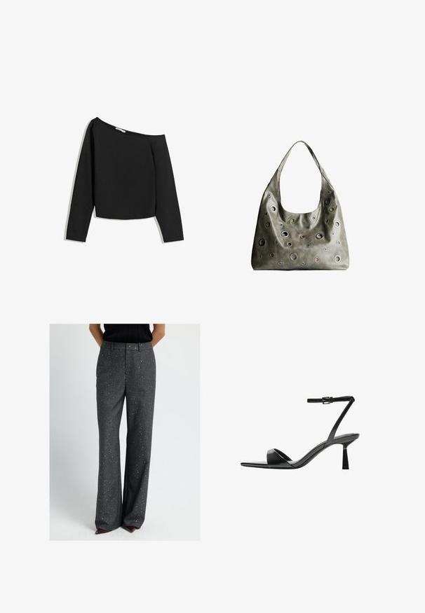 Black off-the-shoulder long-sleeve top, made from soft fabric. Features a cropped design with a wide neck and fitted sleeves.; Woman wearing high-waist wide-leg dark gray pants with small sparkles, paired with a black top and pointed burgundy shoes.; Bershka High heeled sandals - black; Olive green leather handbag with a slouchy design, featuring various sized circular cutouts and accents in darker and lighter shades.