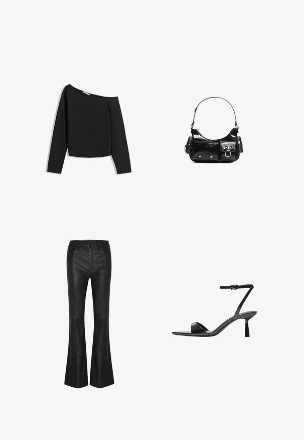 Top negru, cu umerii goi, cu mâneci lungi, fabricat dintr-un material moale. Prezintă un design scurt cu un gât larg și mâneci ajustate.; Pantaloni din piele neagră, evazați, cu talie înaltă, buzunare frontale, textură netedă și detalii cusute de-a lungul cusăturilor.; Bershka Sandale cu toc - black; Geantă de mână din piele lăcuită neagră, cu o formă curbată, un umăr, buzunare frontale și accente din metal argintiu.