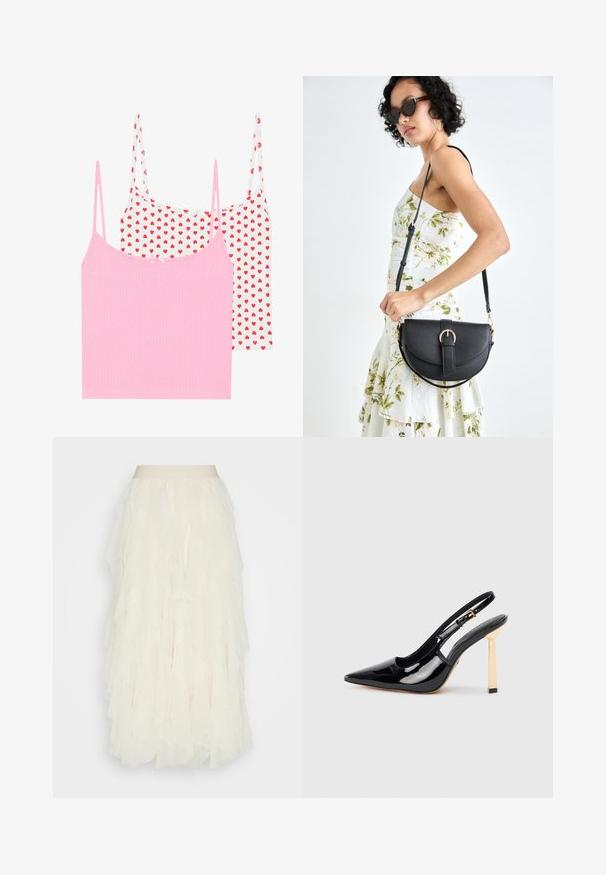 Two tank tops: one solid pink with ribbed texture, and one white with red heart print. Each has thin straps and a small decorative bow.; Cream tulle skirt with layered ruffles. Features a smooth waistband and a textured, sheer finish. Falls to mid-calf length.; Black patent leather slingback high-heel shoe with pointed toe and gold-tone square heel accent. Features adjustable ankle strap.; Black leather handbag with a curved shape, detachable strap, and gold hardware. The bag features a flap with a buckle detail.