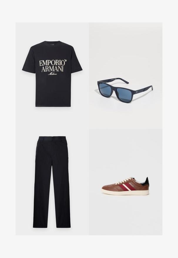 Black cotton t-shirt featuring a large, contrasting cream "EMPORIO ARMANI Milano" graphic on the front and a small logo on the chest.; Black trousers featuring a lightweight, textured fabric, straight-leg design, elastic waistband, and side zip pockets.; Brown leather sneaker with white and burgundy stripes, beige laces, and a black heel accent. Features a rubber sole and a smooth texture.; Blue rectangular sunglasses with dark lenses, matte navy frame, logo detail on the temple, straight arms, and a solid, smooth texture.