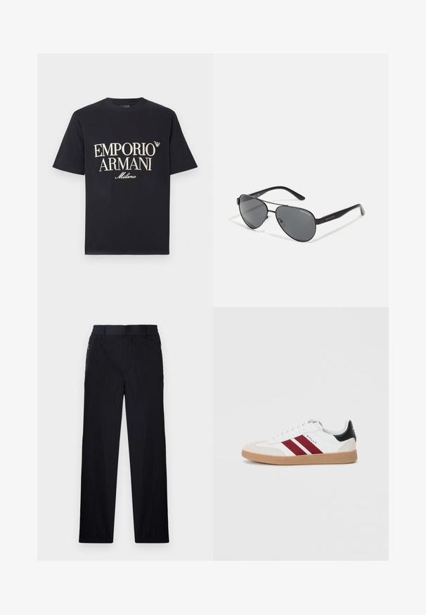 Sort bomulds-T-shirt med en stor, kontrasterende cremefarvet "EMPORIO ARMANI Milano"-grafik på forsiden og et lille logo på brystet.; Sorte bukser i let, struktureret stof, med lige ben, elastisk talje og sidelommer med lynlås.; Hvide lavtop sneakers med to bordeaux striber, en ruskind tåhætte og en sort detalje ved hælen, samt en gummisål.; Sorte aviator solbriller med mørke linser, tynd metalramme og slanke plastikstænger med logo detaljer.