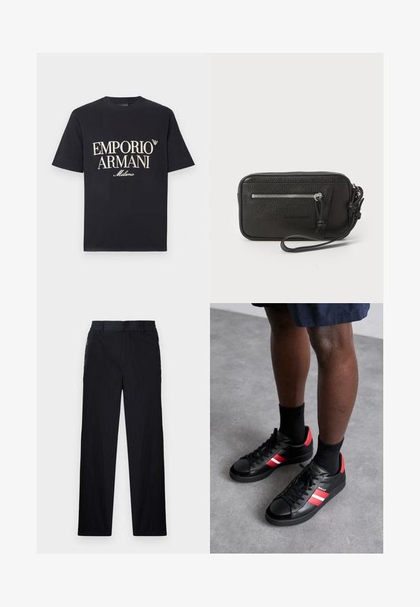 Čierne bavlnené tričko s veľkým, kontrastným krémovým nápisom "EMPORIO ARMANI Milano" na prednej strane a malým logom na hrudi.; Čierne nohavice z ľahkého textúrovaného materiálu, s priamym strihom, elastickým pásom a bočnými zipsovými vreckami.; Čierne kožené tenisky s červenými a bielymi pruhmi, okrúhla špička, čierne šnúrky a štruktúrovaný povrch. S logom na boku.; Čierna kožená kabelka s textúrovaným povrchom, predná zipová vrecko a odnímateľný remienok na zápästie. Obsahuje logo nášivku na prednej strane. Obdĺžnikový tvar.