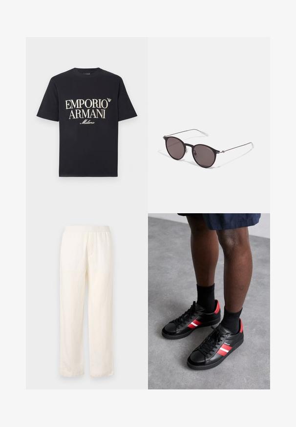 Black cotton t-shirt featuring a large, contrasting cream "EMPORIO ARMANI Milano" graphic on the front and a small logo on the chest.; Lightweight, cream-colored pants with an elastic waistband, straight leg design, and subtle texture. Features no visible pockets.; Black leather sneakers with red and white stripes, round toe, black laces, and a textured finish. Accented with a logo on the side.; Black round sunglasses with dark lenses and slim metal arms. Includes clear temple tips and silver accents at the hinge. Minimalist design.