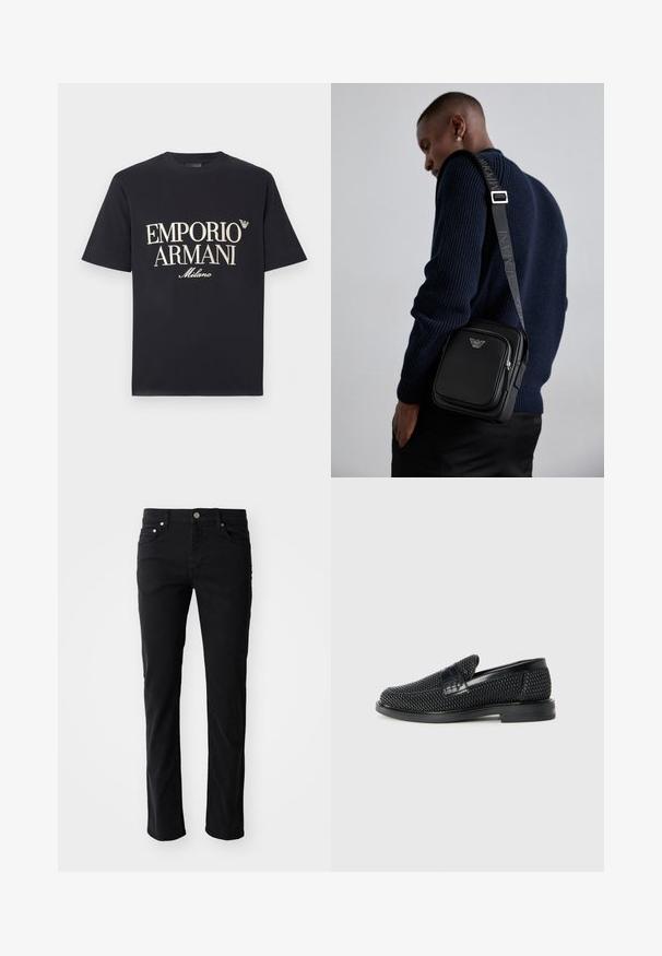 Čierne bavlnené tričko s veľkým, kontrastným krémovým nápisom "EMPORIO ARMANI Milano" na prednej strane a malým logom na hrudi.; Čierne džínsy s rovnými nohavicami, s predným zapínaním na gombík, piatimi vreckami a jemnými švami.; Čierne tkané slip-on topánky s hladkým koženým akcentom na vrchnej časti, s okrúlym dizajnom špičky a nízkoprofilovou gumovou podrážkou.; Čierna kožená kabelka cez telo s uzatvárateľnou priehradkou, detailom loga a nastaviteľným popruhom s nápisom značky. Nosená proti textúrovanej námorníckej svetri.