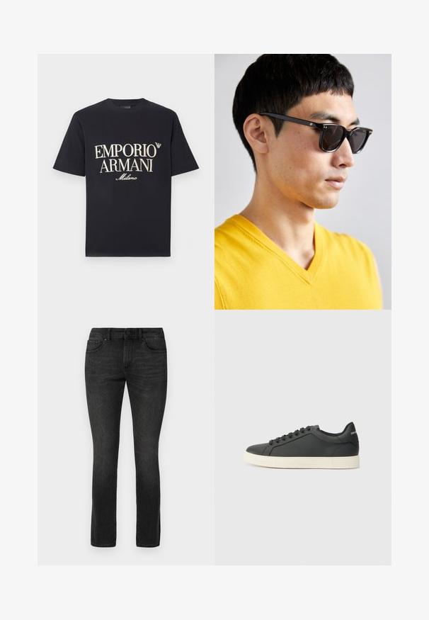 Svart bomulls-T-skjorte med en stor, kontrasterende kremfarget "EMPORIO ARMANI Milano"-grafikk på forsiden og en liten logo på brystet.; Svarte stretch denim jeans med rett ben-design, fem-lommestil og metallknapp-lukking i midjen.; Svart skinnsneaker med lav profil, rund tå og snøring; har en teksturert gummisåle og logo-detalj på hælen.; Solsikker med svarte rammer og mørke linser. Merkbare detaljer inkluderer små gullaksenter på hengslene og en rektangulær form.
