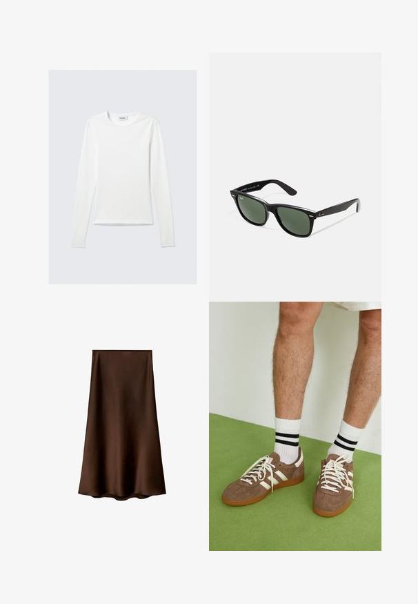 Langarm-Hemd aus weichem Stoff in Weiß, mit rundem Ausschnitt und geradem Saum. Minimalistisches Design ohne sichtbare Muster oder Akzente.; Mango Maxirock - brown; Braune Wildleder-Sneaker mit weißen Akzenten und Schnürsenkeln. Gummisohle in Kautschuk-Optik. Getragen mit weißen Socken, die schwarze Streifen haben. Grüner strukturierter Fußboden.; Schwarze Plastiksonnenbrille mit grünen Gläsern, quadratischen Rahmen, silbernem Akzent auf der Augenbraue und strukturierten Bügeln. Angegebene Marke auf dem inneren Bügel.; Braune Lederhandtasche mit glatter, glänzender Textur, einem einzigen Schulterriemen und einem Reißverschluss oben. Verfügt über ein minimalistisches Design und keine sichtbaren Muster.; Stradivarius SET - Armband - dark brown