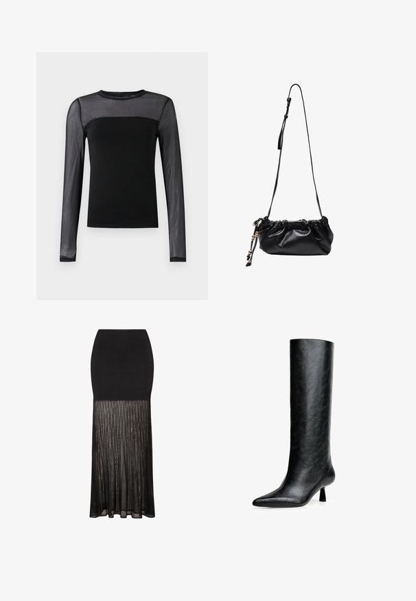 Černý top s dlouhými rukávy, který má solidní tělo a průsvitné síťované rukávy, s kulatým výstřihem a štíhlým střihem.; Černá sukně s přiléhavým vrškem a plisovanou, průhlednou spodní částí. Hladká textura nahoře přechází do splývavého, strukturovaného vzhledu dole.; Černá kozačka po kolena vyrobená z texturované kůže. Má špičatou špičku a malý, rozšířený podpatek. Elegantní, hladký design s minimálními akcenty.; Černá kožená kabelka se staženým vrškem, nastavitelným popruhem a dekoračními třásněmi. Hladký povrch a kompaktní design pro snadné nošení.