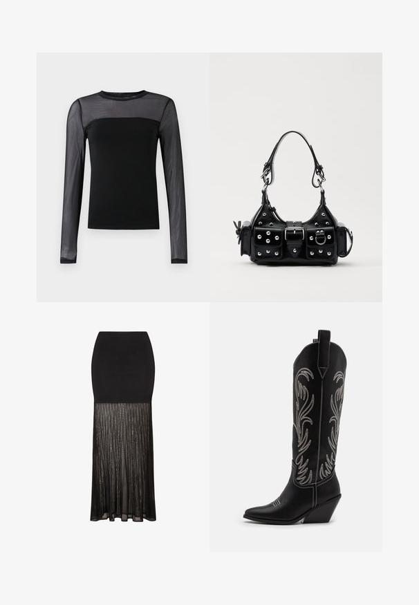 Must mustärgne pikakätisega topp, millel on ühtlane kehaosa ja läbipaistvad sallkätised, ümar kaelus ning kitsas lõige.; Must mustriga seelik koos sobiva pealse ja volditud, läbipaistva alaosaga. Ülemise osa sujuv tekstuur üleminek alla voolavale, tekstuuritud välimusele.; Mustad mustad nahast cowboy saapad terava ninaga, vööndkanna ja hõbedaste tikanditega lillemustritega varred. Kontrastõmblused üle kogu.; Must värvi nahast käekott, millel on kaarjas disain, hõbedased nupukesed, kinnitusahe ja kaks külgtaskut. Reguleeritav rihm erinevate kandmisvõimaluste jaoks.