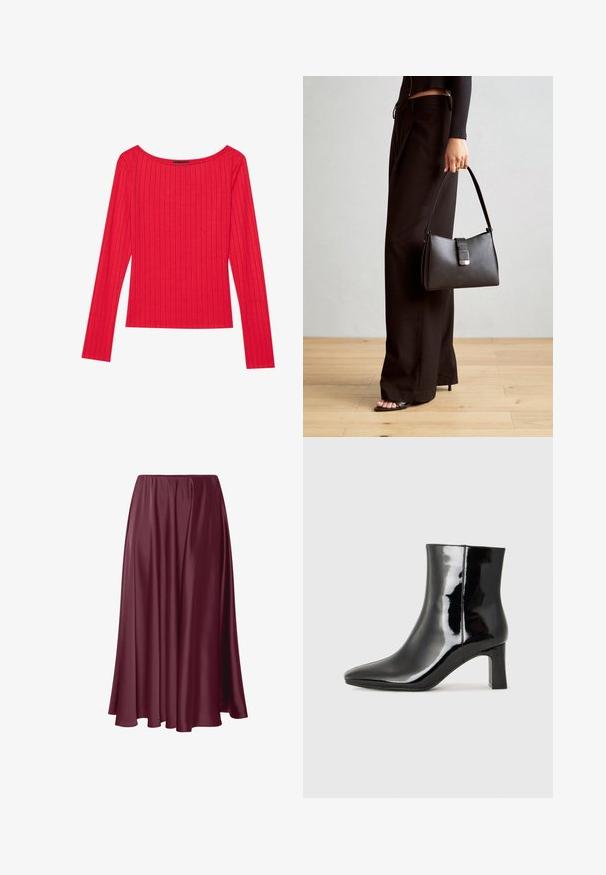 Red long-sleeve top made of ribbed fabric, featuring a wide neckline and fitted silhouette. Smooth texture with vertical stripes.; Burgundy floor-length skirt made of smooth, shiny fabric with a flowing design and elastic waistband. No patterns or accents present.; Black patent leather ankle boot with a pointed toe and a mid-height block heel. Smooth texture and minimalist design.; Black handbag with structured shape, smooth texture, and a metallic clasp. Paired with wide black pants and open-toe sandals on wooden floor.