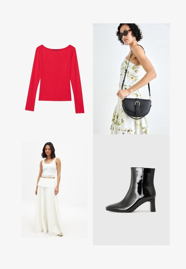 Punane pikakäistega topp ribatud kangast, millel on lai kaelus ja keha lähedane siluett. Sile tekstuur, vertikaalsed triibud.; Valge tank top, mis on kombineeritud voolava valge maksiseelikuga. Seelikul on kihiline, volditud vöökoht ja pehme, siledat tekstuur.; Must-sinine nahkjalats musta läikiva viimistlusega, millel on terav nina ja keskmise kõrgusega plokk konts. Sile tekstuur ja minimalistik disain.; Mustmust mustraha kõverate joontega, eemaldatava rihmaga ja kuldsete detailidega. Kotil on klapp, millel on pandladetail.