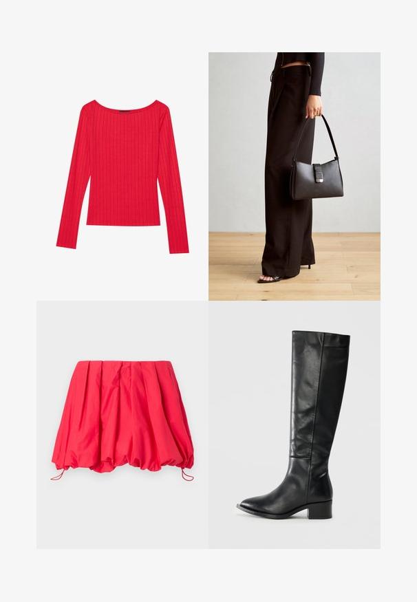 Rød langermet topp laget av ribbestrikket stoff, med vid utringning og tettsittende silhuett. Glatt tekstur med vertikale striper.; Rød, plisséd mini skjørt laget av lett stoff; har en elastisk nederkant med snorer for justerbar passform. Glatt tekstur.; Svart knelengde lærstøvel med lav blokkheel og rund tå, vist i sideprofil på hvit bakgrunn.; Svart håndveske med strukturert form, jevn tekstur og metallisk lås. Kombinert med brede svarte bukser og sandaler med åpen tå på tregulv.