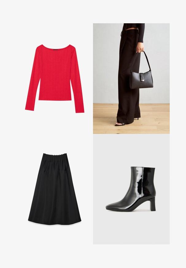 Rød langærmet top lavet af ribbet stof, med en vid halsudskæring og tætsiddende silhuet. Glat tekstur med lodrette striber.; Sort skørt lavet af glat stof med en elastisk talje og plisseringer, der har et flydende design, der strækker sig til midt på læggen.; Sort lakeret ankelstøvle med spids tå og en midt-højde blokhæl. Glat tekstur og minimalistisk design.; Sort håndtaske med struktureret form, glat overflade og metalspænde. Sammen med brede sorte bukser og sandaler med åben tå på trægulv.
