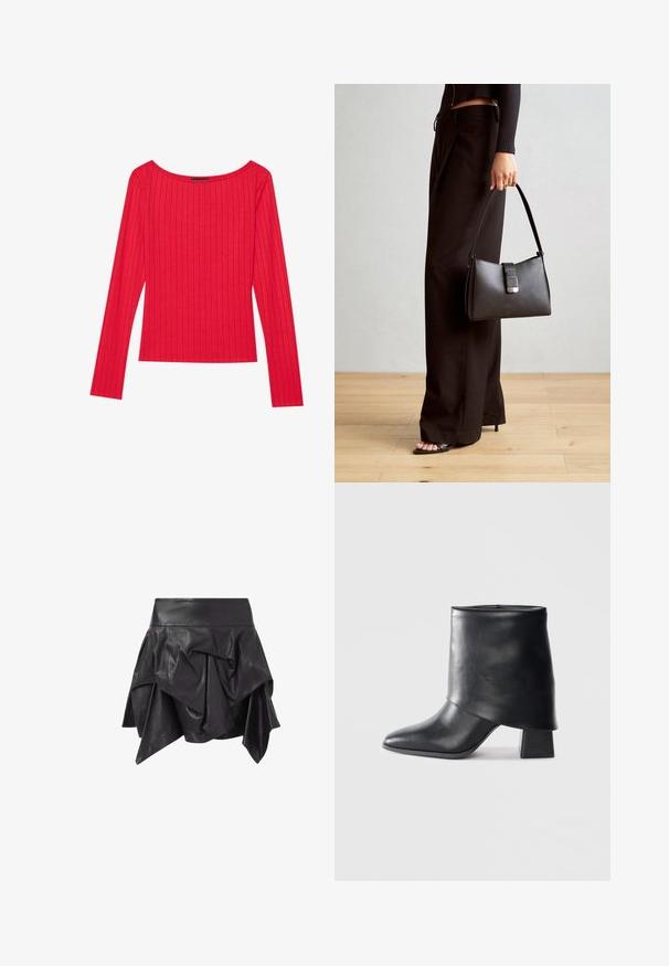 Crvena majica dugih rukava od rebrastog materijala, s širokim izrezom i prilagođenim krojem. Glatka tekstura s vertikalnim prugama.; Crna kožna suknja s lepršavim, asimetričnim dizajnom i naborima, te uskim pojasom. Glatka tekstura s sjajnim završetkom.; Crna kožna čizme do gležnja sa šiljastim prstom, glatke teksture i strukturiranim blok petom. Ima visoki, preklopljeni dizajn manžetne.; Crna torba s oblikom koji sadrži strukturu, glađu teksturu i metalnu kopču. Uparena s širokim crnim hlačama i sandalama na otvorenom s drvenog poda.