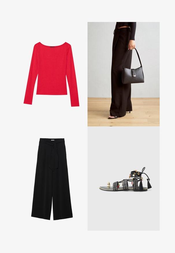 Red long-sleeve top made of ribbed fabric, featuring a wide neckline and fitted silhouette. Smooth texture with vertical stripes.; Black wide-leg pants featuring a textured fabric, an elastic waistband, and a detachable sash tie at the waist for adjustable fit.; Black leather sandals featuring three wide straps with gold studs, decorative tassels, and charms in red and green. Flat sole with a gold accent.; Black handbag with structured shape, smooth texture, and a metallic clasp. Paired with wide black pants and open-toe sandals on wooden floor.