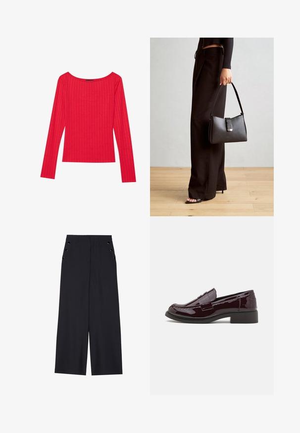 Červený dlhý rukáv top vyrobený z rebrovanej tkaniny, so širokým výstrihom a priliehajúcou siluetou. Hladká textúra s vertikálnymi pruhmi.; Široké nohavice z tmavomodrého materiálu s hladkou textúrou, prednými skladmi a ozdobnými zlatými očkami na bočných vreckách.; Burgundské lakované kožené mokasíny s nízkým blokovým podpätkom, s tradičným prešívaním a ozdobným remienkom cez nátik.; Čierna kabelka so štruktúrovaným tvarom, hladkou textúrou a kovovou sponou. V kombinácii so širokými čiernymi nohavicami a sandálmi s otvorenou špičkou na drevenej podlahe.