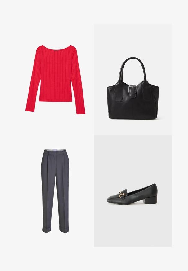Raudona ilgomis rankovėmis viršutinė dalis, pagaminta iš šonkauliuotės audinio, su plačiu iškirpimu ir prigludusia siluetu. Lygus audinys su vertikaliomis juostelėmis.; Tamsiai pilki pritaikyti kelnių modeliai su tiesiomis kojomis, raukti priekyje ir atsukamais manžetais. Pagamintos iš lygaus audinio, su klasikinėmis juosmens juostomis.; Juodi odiniai loaferiai su plokščiu kulnu, su dekoratyvia auksine detalės priekyje ir glotnia tekstūra.; Juodas odinis nešiojamas krepšys su lygiu paviršiumi, struktūrine forma, dviem rankenėlėmis ir ryškiu sidabriniu sagties akcentu priekyje.