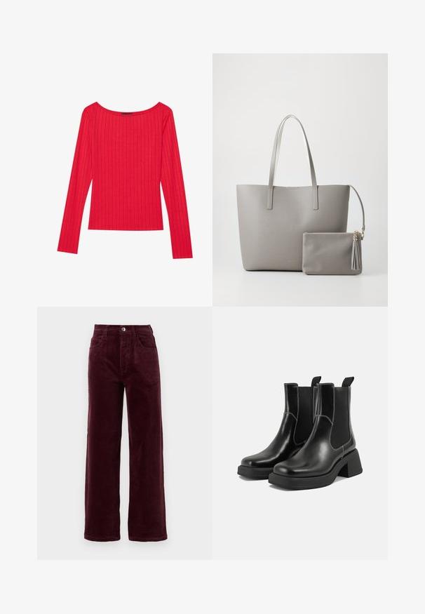 Röd långärmad topp i ribbad tyg, med en bred halsringning och åtsittande silhuett. Slät textur med vertikala ränder.; Burgundy kordflöjtsbyxor med rak passform och hög midja, fem fickor och framknäppning med metalldopp. Strukturen på tyget har vertikal ribbning.; Svarta läder Chelsea-boots med en kraftig klack, elastiska sidpaneler och kontrasterande vit sömnad. Texturerad yta.; Grå syntetisk toteväska med två långa handtag och en matchande liten dragkedjepåse med en tofs. Slät textur med subtilt mönster.