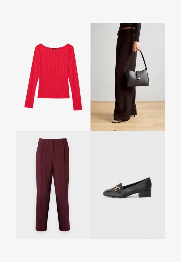 Punane pikakäistega topp ribatud kangast, millel on lai kaelus ja keha lähedane siluett. Sile tekstuur, vertikaalsed triibud.; Bruuns Bazaar CINDYSUS DAGNY - Püksid - sassafras; Mustad nahast loafers madala kontsaga, millel on esiküljel dekoratiivne kuldne detalj ja sile tekstuur.; Must musta kott, millel on struktureeritud kuju, sile tekstuur ja metallist klamber. Kombineeritud laiate mustade pükstega ja avatud varvaste sandaalidega puidust põrandal.