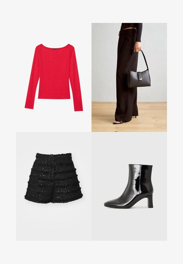 Raudona ilgomis rankovėmis viršutinė dalis, pagaminta iš šonkauliuotės audinio, su plačiu iškirpimu ir prigludusia siluetu. Lygus audinys su vertikaliomis juostelėmis.; Juodi tekstūruoti šortai su sluoksniuota medžiaga ir neryškiomis priekabomis; papuošti blizgučiais, sukuriant subtilų blizgesio efektą.; Juodos lakuotos odinės aulinukės su smailiu pirštu ir vidutinio aukščio blokuotu kulnu. Lygus paviršius ir minimalistinis dizainas.; Juodas rankinė struktūrizuota forma, lygi tekstūra ir metalinis užsegimas. Suporuota su plačiomis juodomis kelnėmis ir atvirais bateliais ant medinių grindų.