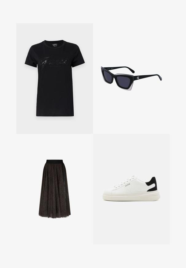 Čierne tričko s krátkymi rukávmi, so lesklým nápisom "Guess" v písanke a "Los Angeles" pod ním, vyrobené z mäkkej bavlnenej látky.; Hnedá a čierna midi sukňa s potlačou, čiernym elastickým pásom a vertikálnym čiernym prúžkom na jednej strane.; Biele kožené tenisky s hrubou bielou podrážkou, čiernym zamekom na päte a vyrazeným logom na boku. Šnurovací dizajn so šiestimi očkami.; Čierne oversized slnečné okuliare s geometrickým tvarom, s tmavými šošovkami a kontrastným šedým detailom na ráme. Logo na mostíku.