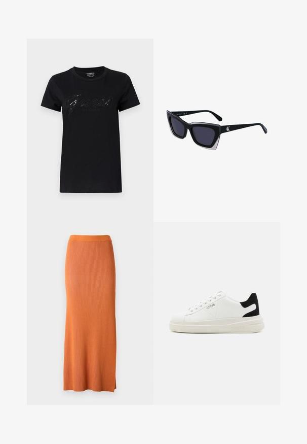 Tricou negru cu mâneci scurte, cu un logo strălucitor "Guess" scris cursiv și "Los Angeles" dedesubt, realizat din material de bumbac moale.; Samsøe Samsøe SACHERYL SKIRT - Fustă maxi - autumn maple mel; Adidași din piele albă cu o talpă groasă albă, accent de călcâi din suede negru și logo embosat pe lateral. Design cu șireturi și șase orificii.; Ochelari de soare supradimensionați, negri, cu o formă geometrică, având lentile întunecate și un detaliu gri contrastant pe ramă. Logo pe braț.