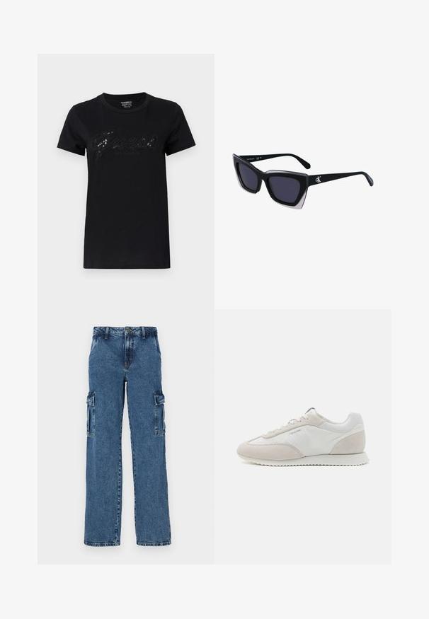 Schwarzes T-Shirt mit kurzen Ärmeln, das ein glänzendes "Guess"-Logo in Schreibschrift und "Los Angeles" darunter zeigt, aus weichem Baumwollmaterial gefertigt.; Blaue Denim-Cargohosen mit lockerer Passform, ausgestattet mit zwei Seitentaschen, verstärkten Nähten und einem geraden Bein-Design.; Helle Sneaker aus einer Kombination von weißem Leder und beigem Wildleder, mit einer strukturierten Sohle und minimaler Markenkennzeichnung an der Seite.; Schwarze übergroße Sonnenbrille mit geometrischer Form, ausgestattet mit dunklen Gläsern und einem kontrastierenden grauen Detail im Rahmen. Logo am Bügel.; Silberne Creolen mit einer glatten, glänzenden Oberfläche. Abgerundete Form, leichtes Design, mit einer Steckverschluss.