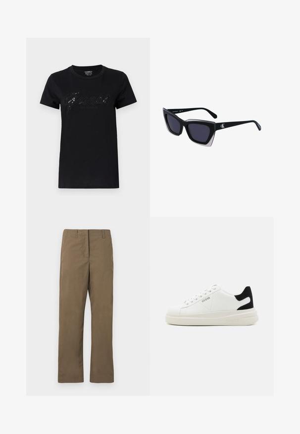 Juodasis marškinėliai trumpomis rankovėmis, su blizgiu "Guess" logotipu ranka rašytu šriftu, o po juo - "Los Angeles", pagaminti iš minkštos medvilnės medžiagos.; Rudos tiesių kojų kelnes, pagamintas iš medvilnės ir sintetinio audinio mišinio. Su diržo kilpomis, priekinėmis kišenėmis ir lygiu tekstūru, be raštų.; Baltos odinės sportbačiai su storu baltu padu, juodu nubuko kulno akcentu ir iškilmingu logotipu šone. Su raišteliais, turinčiais šešis akinius.; Juodos didelės saulės akinių su geometrine forma, turinčiais tamsius objektyvus ir kontrastingą pilką detalę ant rėmelio. Logotipas ant šalon.
