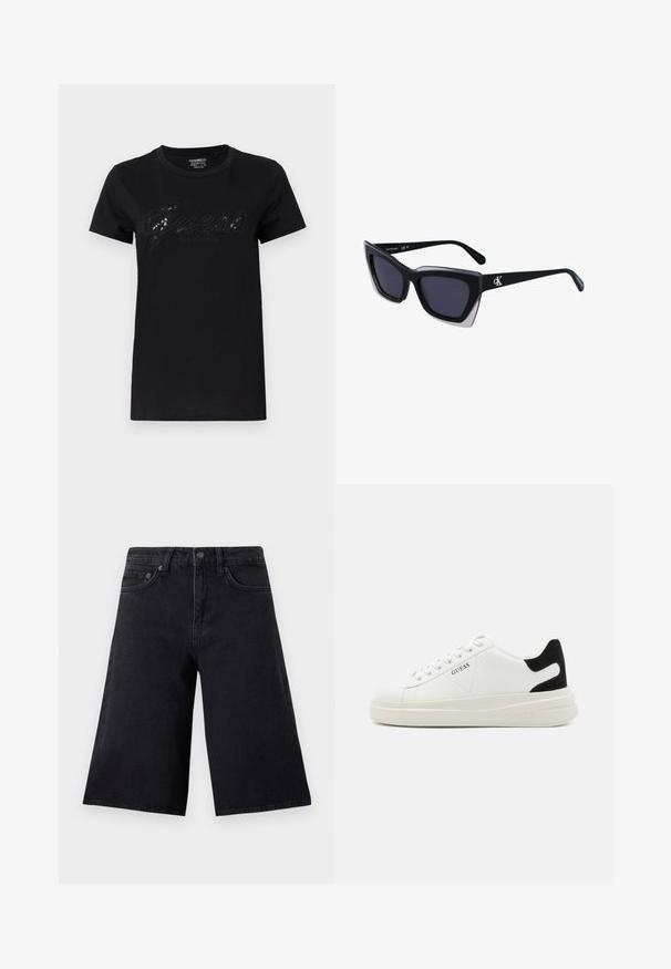 Sort t-shirt med korte ærmer, med et skinnende "Guess" logo i skrifttype og "Los Angeles" nedenunder, lavet af blødt bomuldsstof.; Sorte denim culotter med høj talje, to forlommer og et lige, bredt ben-design. Holdbart stof med minimale syninger.; Hvide lædersneakers med en tyk hvid sål, sort ruskindhælvægt og prægede logoer på siden. Snørebåndsdesign med seks øjer.; Store sorte oversized solbriller med geometrisk form, med mørke linser og en kontrasterende grå detalje på stellet. Logo på armen.