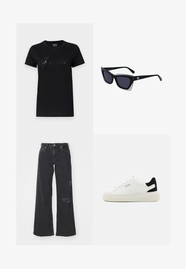 Μαύρη μπλούζα με κοντά μανίκια, που χαρακτηρίζεται από ένα λαμπερό λογότυπο "Guess" σε στυλ καλλιγραφίας και την ένδειξη "Λος Άντζελες" από κάτω, κατασκευασμένη από μαλακό βαμβακερό υλικό.; Φαρδιά μαύρα τζιν παντελόνια με φθαρμένες λεπτομέρειες στο κάτω δεξί πόδι. Διαθέτουν κλασικό κλείσιμο με κουμπί και σχέδιο πέντε τσεπών.; Λευκά δερμάτινα αθλητικά παπούτσια με χοντρή λευκή σόλα, μαύρη σουέτ λεπτομέρεια στην φτέρνα και ανάγλυφο λογότυπο στο πλάι. Σχέδιο με κορδόνια και έξι θηλιές.; Μαύρα υπερμεγέθη γυαλιά ηλίου με γεωμετρικό σχήμα, διαθέτοντας σκούρους φακούς και αντίθεση γκρίζα λεπτομέρεια στη σκελετό. Λογότυπο στον βραχίονα.